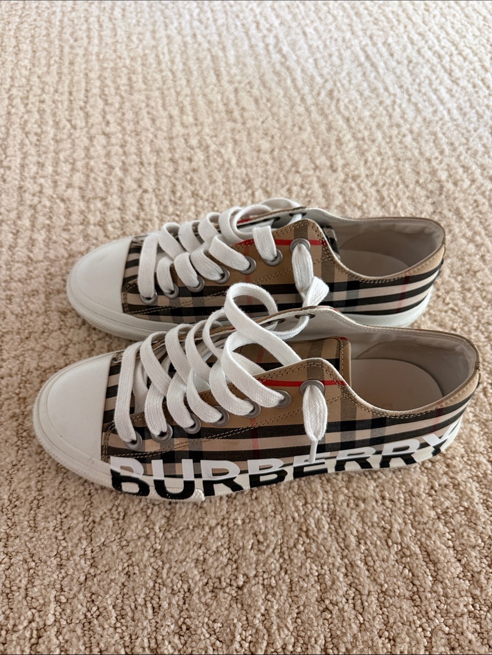 Burberry Check Low-Top Sneakers in Beige and White
